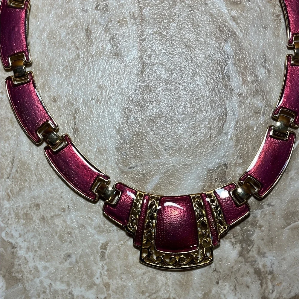Vintage Art Deco Pink Enamel and Gold Colored Linked Necklace